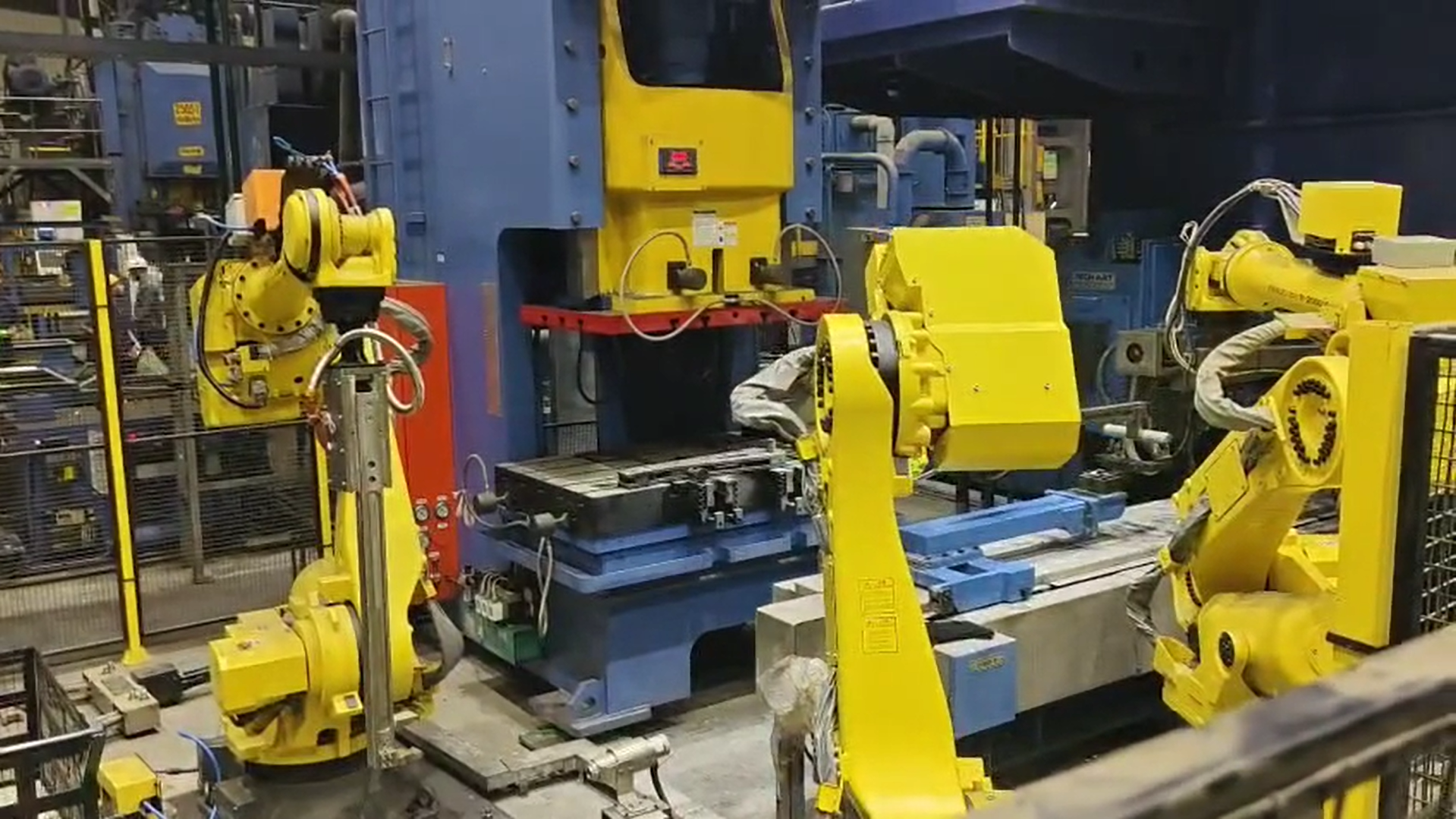 Robotic plant line automation with material handling and press tending